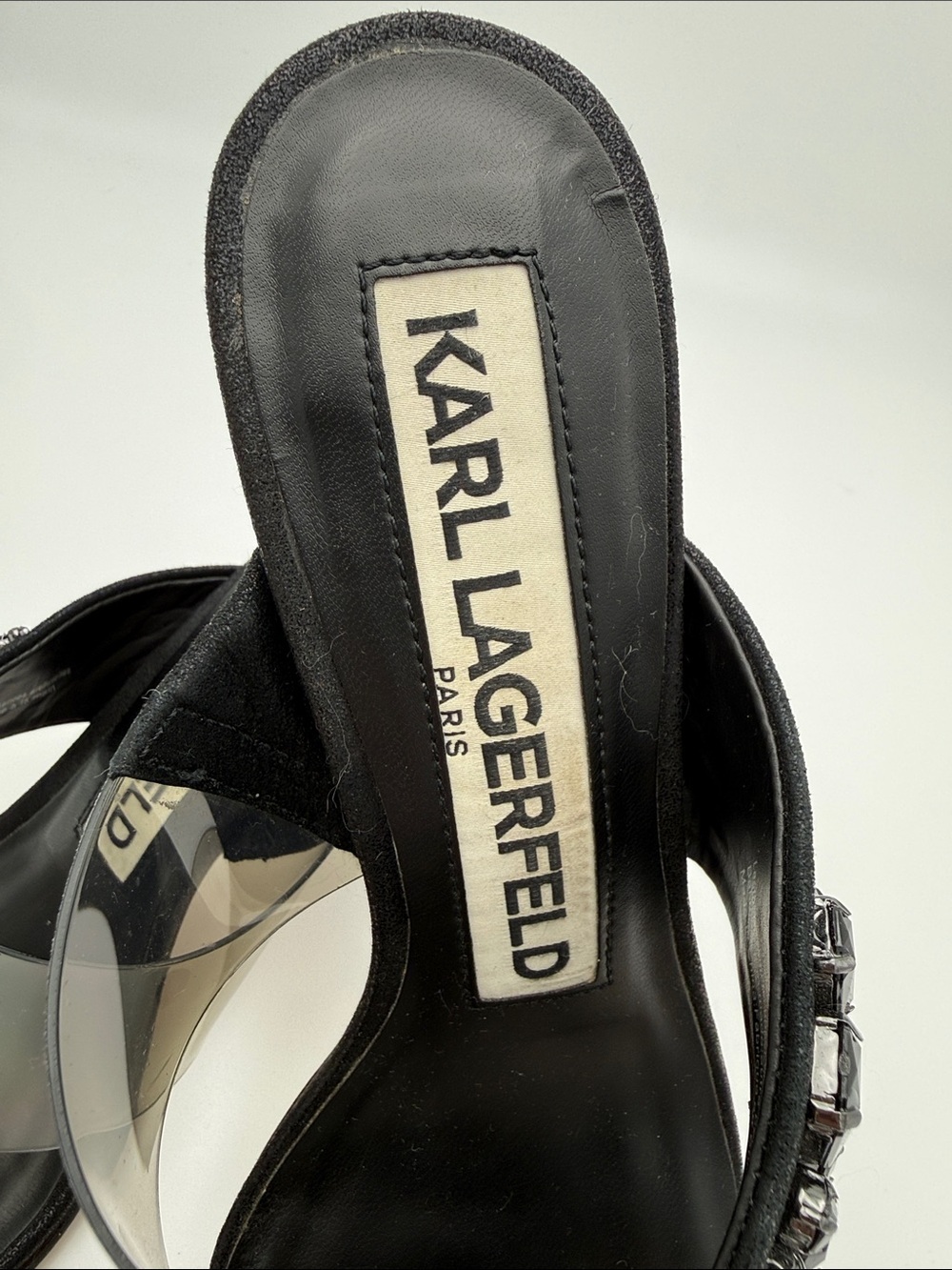 Karl Lagerfeld Black Jewel-Embellished Clear Band Mule - Picture 2 of 7